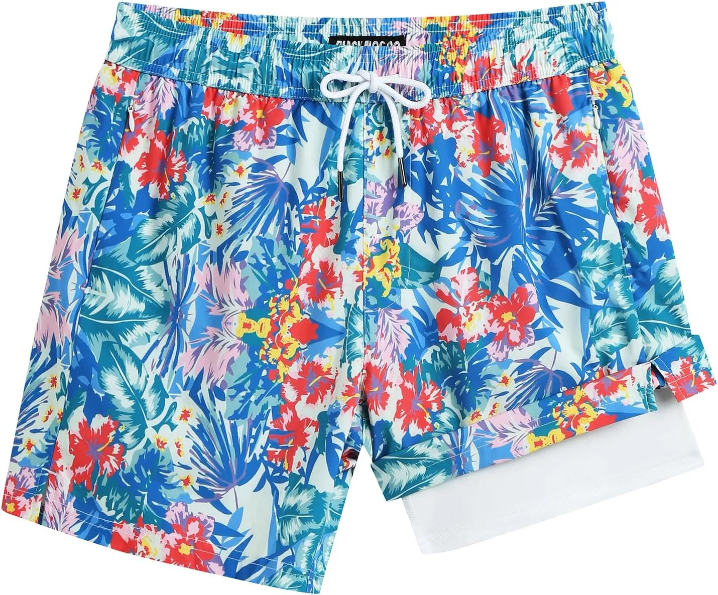 Mens 5" Swim Trunks with Compression Liner, Quick Dry Stretch Beach Shorts w/Zipper Pockets Board Shorts