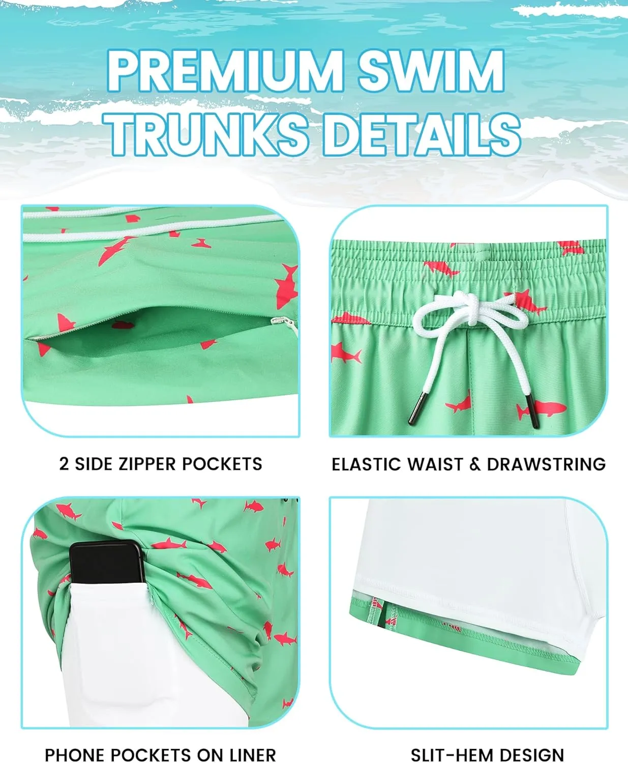 Mens 5" Swim Trunks with Compression Liner, Quick Dry Stretch Beach Shorts w/Zipper Pockets Board Shorts