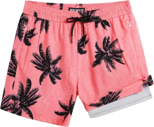 Mens 5" Swim Trunks with Compression Liner, Quick Dry Stretch Beach Shorts w/Zipper Pockets Board Shorts