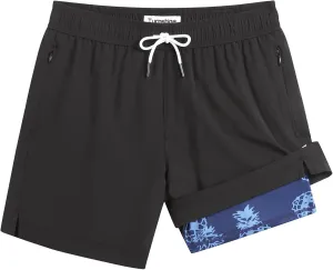 Mens Swim Trunks with Compression Liner 5" Stretch Beach Shorts Quick Dry Bathing Suit Board Shorts Zipper Pockets