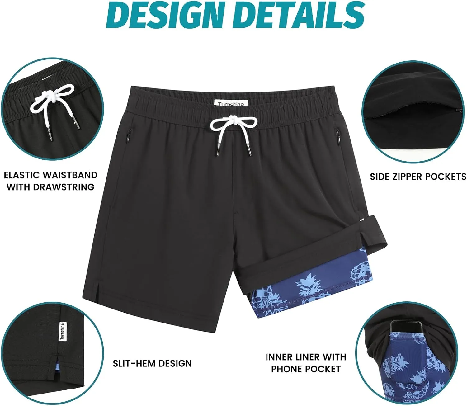 Mens Swim Trunks with Compression Liner 5" Stretch Beach Shorts Quick Dry Bathing Suit Board Shorts Zipper Pockets