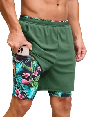 Mens Swim Trunks with Compression Liner 7 Inch Quick Dry Swimming Beach Board Shorts Bathing Suit with Pockets