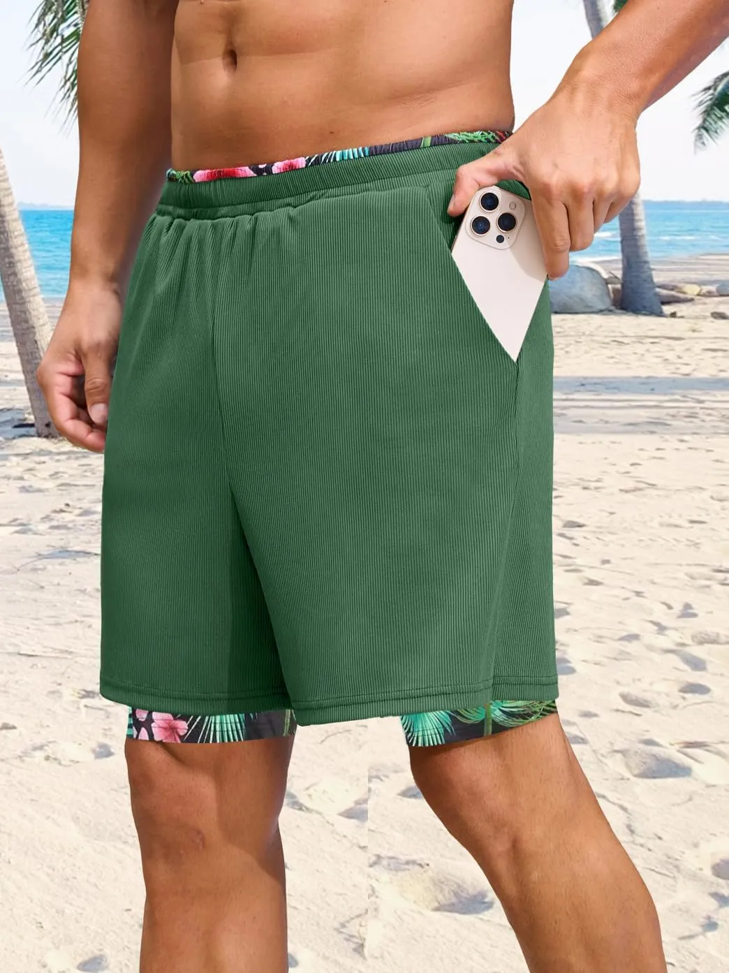 Mens Swim Trunks with Compression Liner 7 Inch Quick Dry Swimming Beach Board Shorts Bathing Suit with Pockets