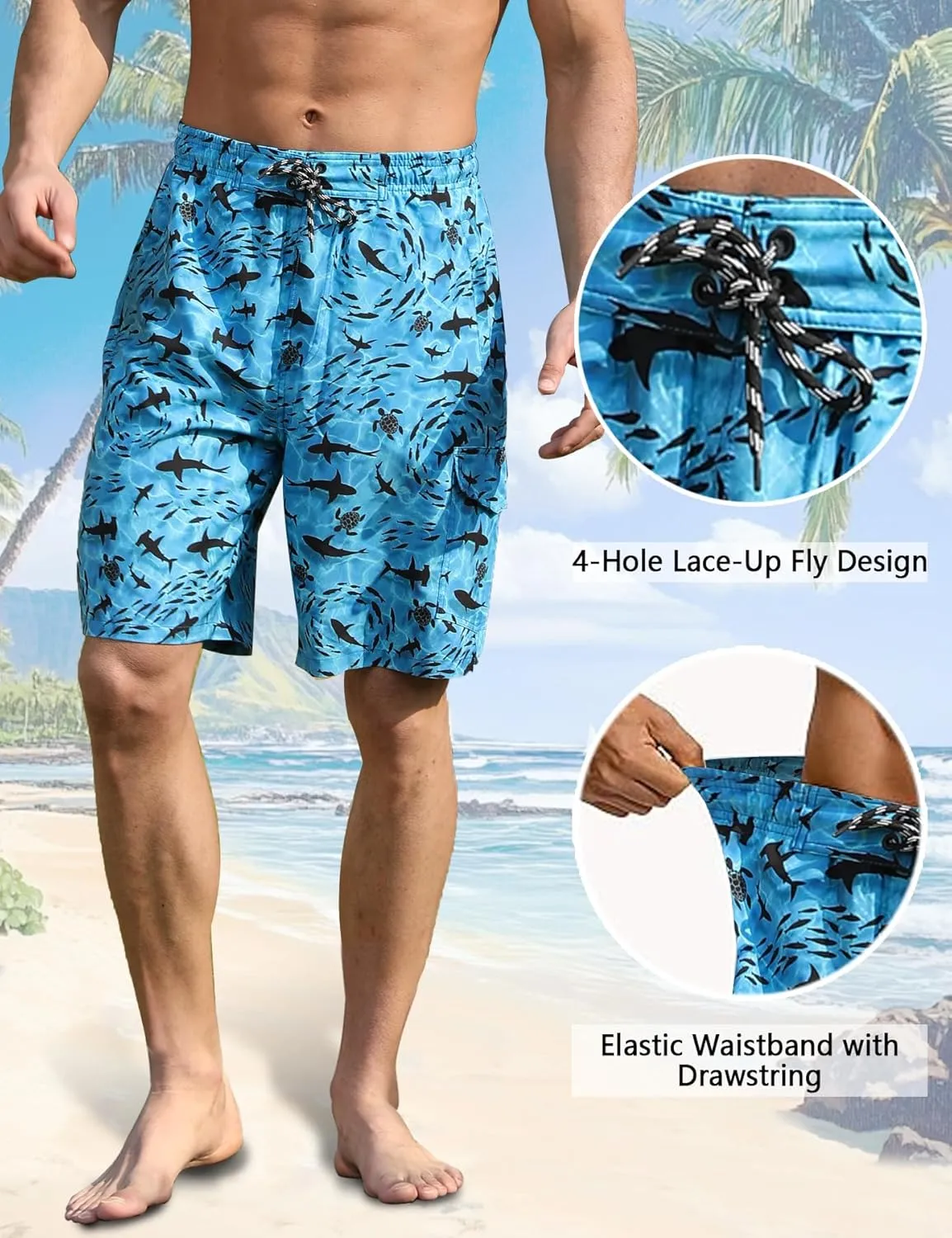 Mens Swim Trunks with Compression Liner 9 Inch Swim Shorts Bathing Suits Quick Dry Hiking Cargo Shorts with Zipper Pocket