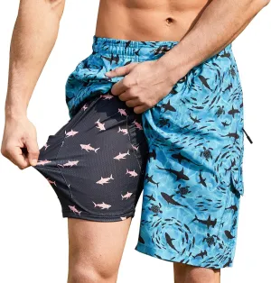 Mens Swim Trunks with Compression Liner 9 Inch Swim Shorts Bathing Suits Quick Dry Hiking Cargo Shorts with Zipper Pocket