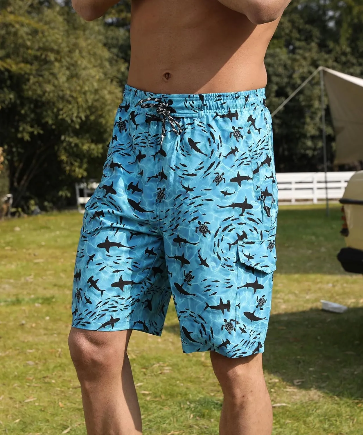 Mens Swim Trunks with Compression Liner 9 Inch Swim Shorts Bathing Suits Quick Dry Hiking Cargo Shorts with Zipper Pocket