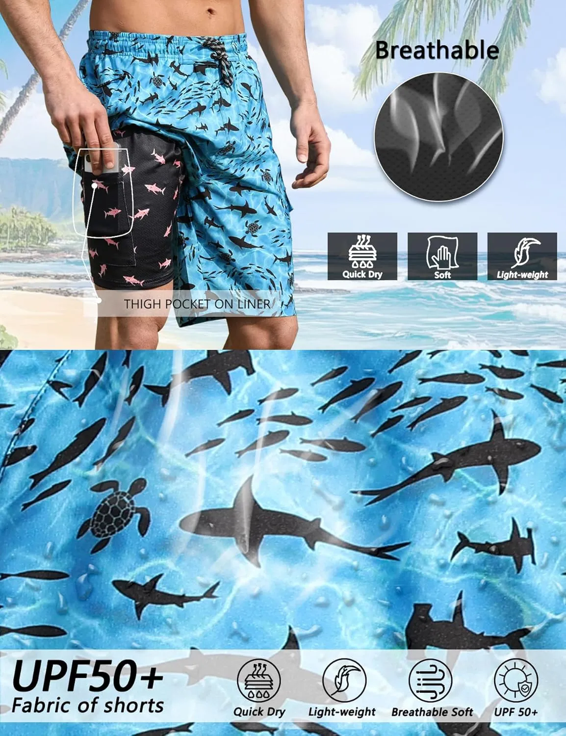 Mens Swim Trunks with Compression Liner 9 Inch Swim Shorts Bathing Suits Quick Dry Hiking Cargo Shorts with Zipper Pocket