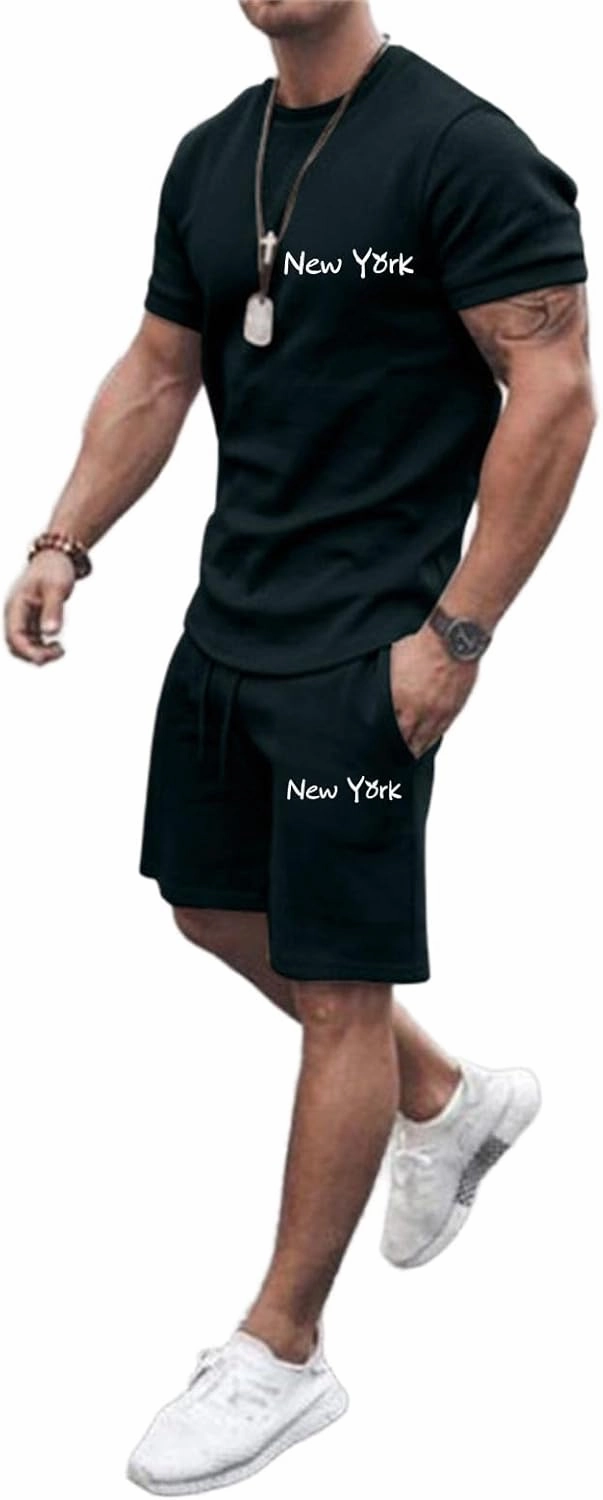 Mens City Letter Print Slim Sportswear Suits Short Sleeved T Shirt And Sports Shorts With Pockets