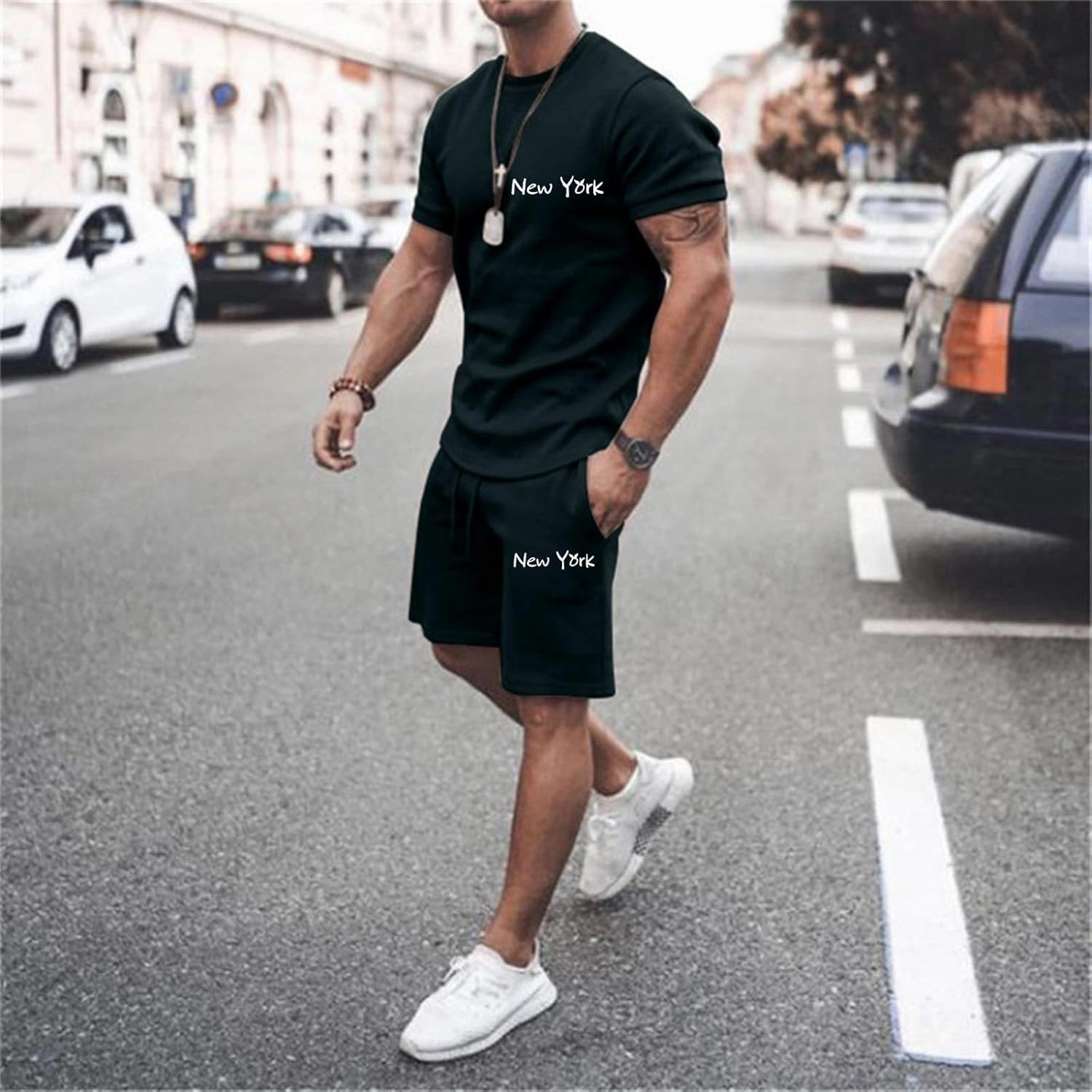 Mens City Letter Print Slim Sportswear Suits Short Sleeved T Shirt And Sports Shorts With Pockets