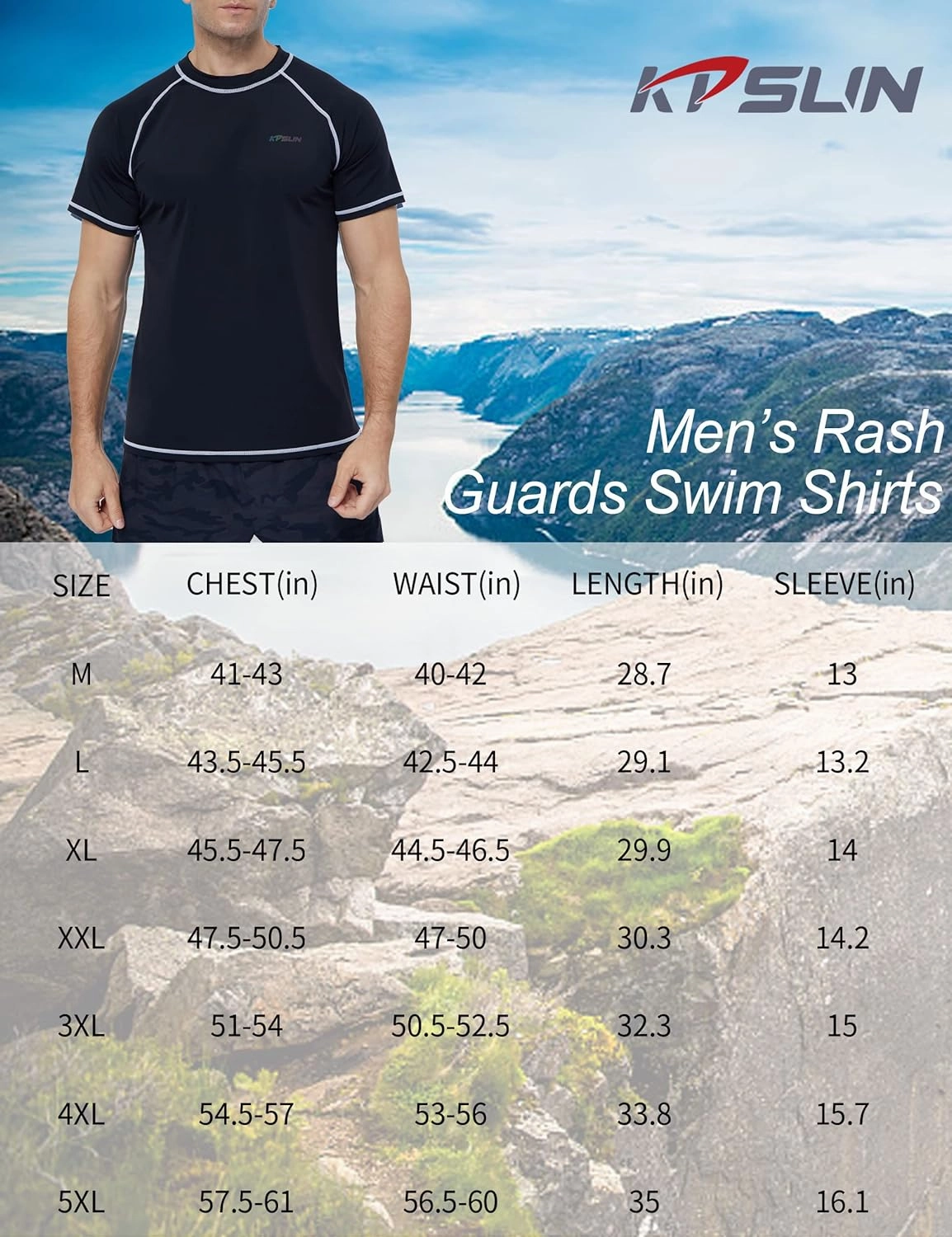 Mens Swim Shirts UPF 50  Sun Protection Quick Dry SPF Rash Guard Outdoor Beach Fishing T Shirts