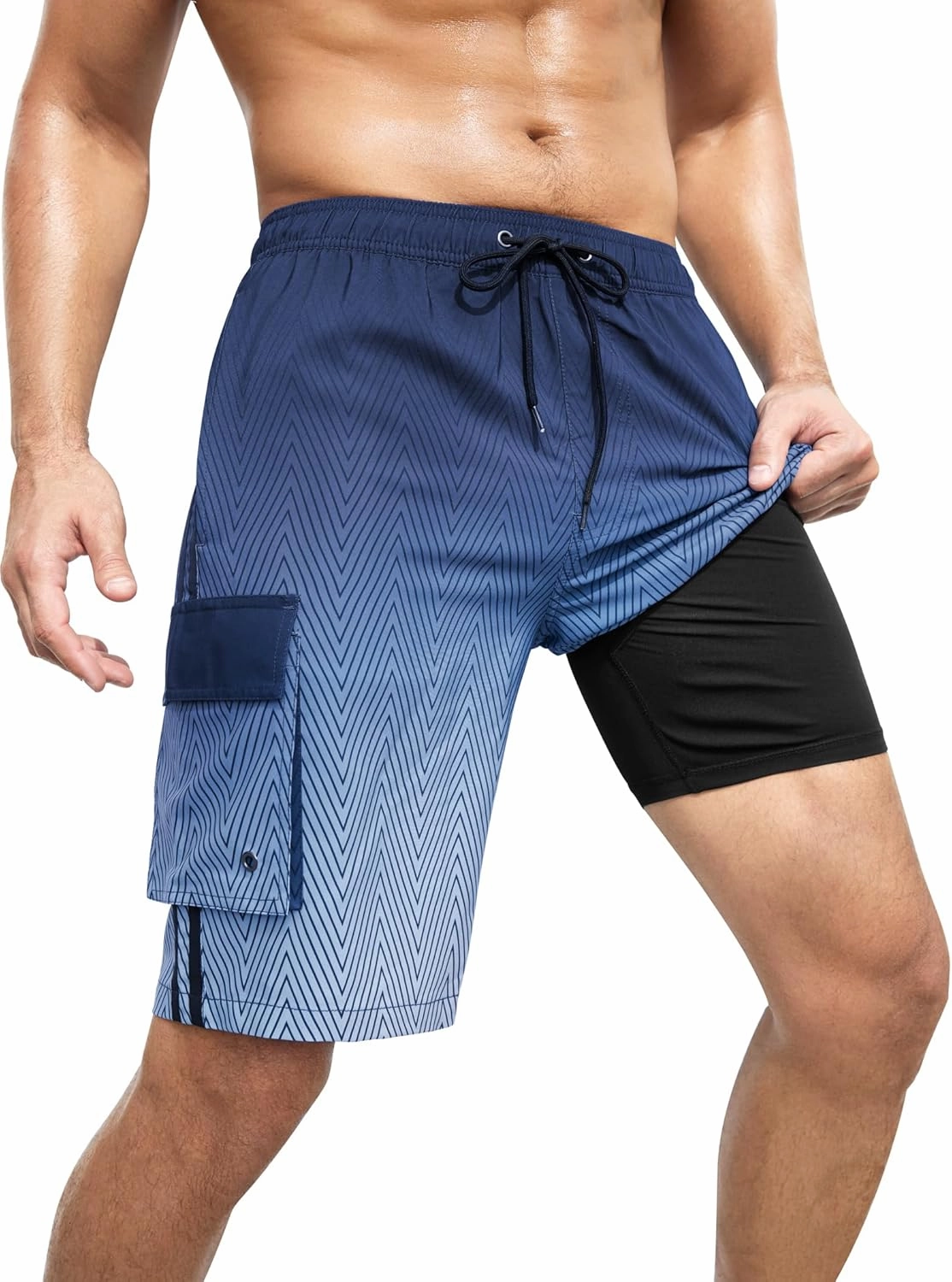 Mens Swim Trunks with Compression Liner 9 Inch Bathing Suits Quick Dry Board Shorts Summer Swimsuit with Cargo Pocket