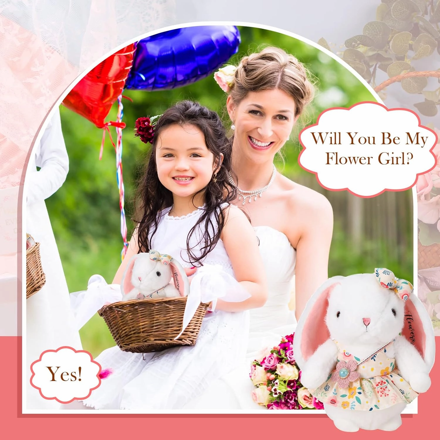 Meooeck Flower Girl Stuffed Animal Bunny Plush Toy with Embroidered Flower 10" Cute Bunny Doll Bride Gifts for Wedding Party Proposal Decorations (2 Pcs)