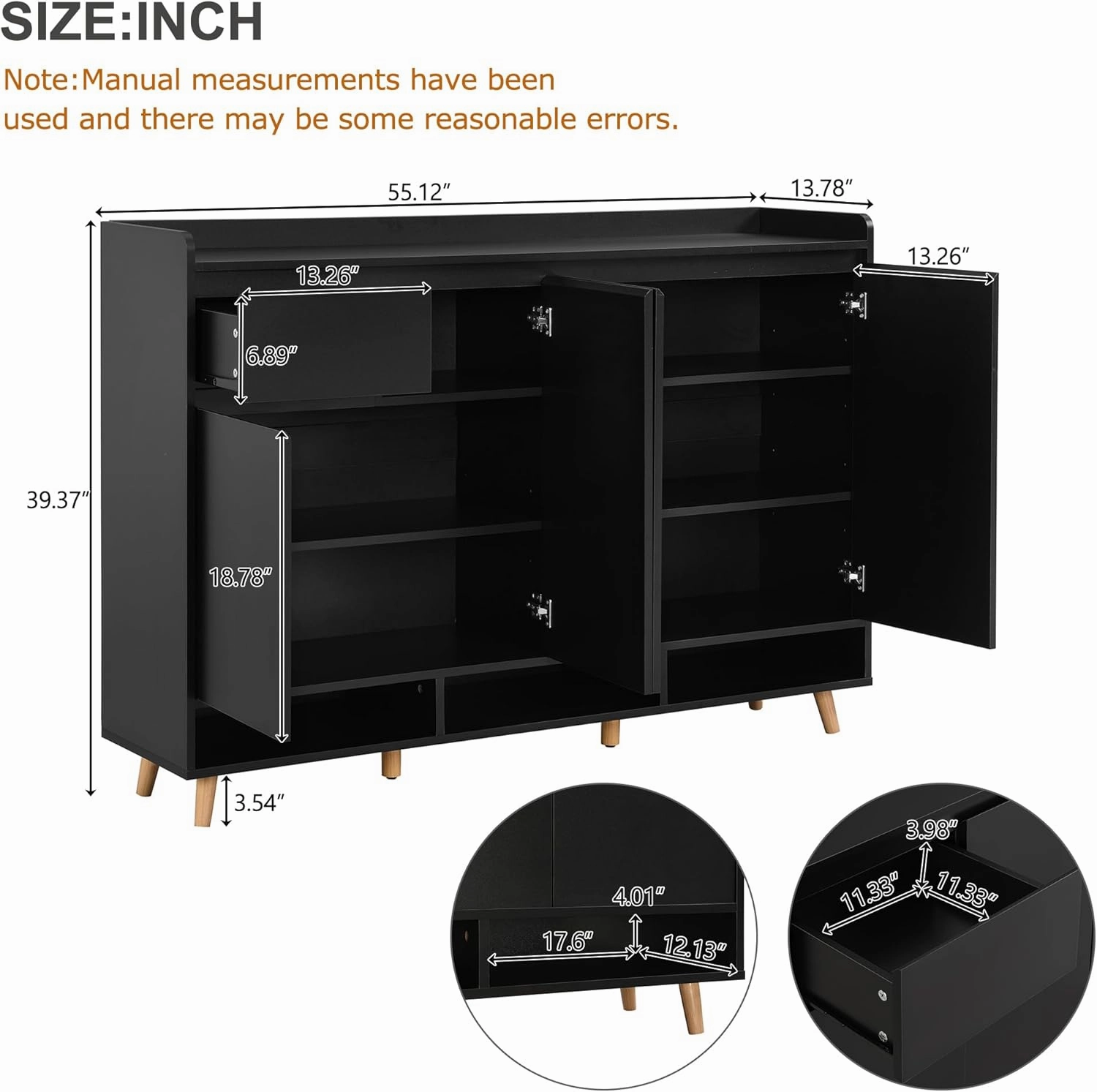 Merax Sleek and Contemporary Shoe Cabinet with Adjustable Shelves and Solid Wood Legs, Minimalist Home Organizer, Storage Sideboard for Entryway, Living Room, Black