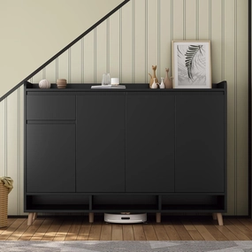 Merax Sleek and Contemporary Shoe Cabinet with Adjustable Shelves and Solid Wood Legs, Minimalist Home Organizer, Storage Sideboard for Entryway, Living Room, Black
