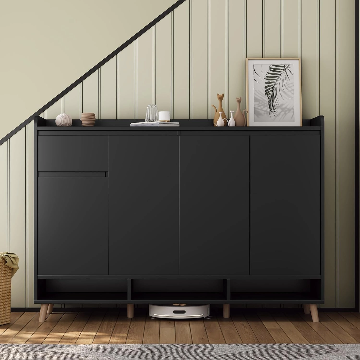 Merax Sleek and Contemporary Shoe Cabinet with Adjustable Shelves and Solid Wood Legs, Minimalist Home Organizer, Storage Sideboard for Entryway, Living Room, Black