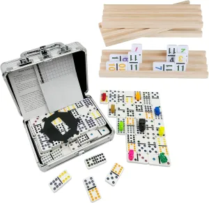 Mexican Train Dominoes with 4 Wood Trays, Color Double 12 Domine Set for Adults and Family, Classic 91 Tiles Board Grame with Aluminym Case