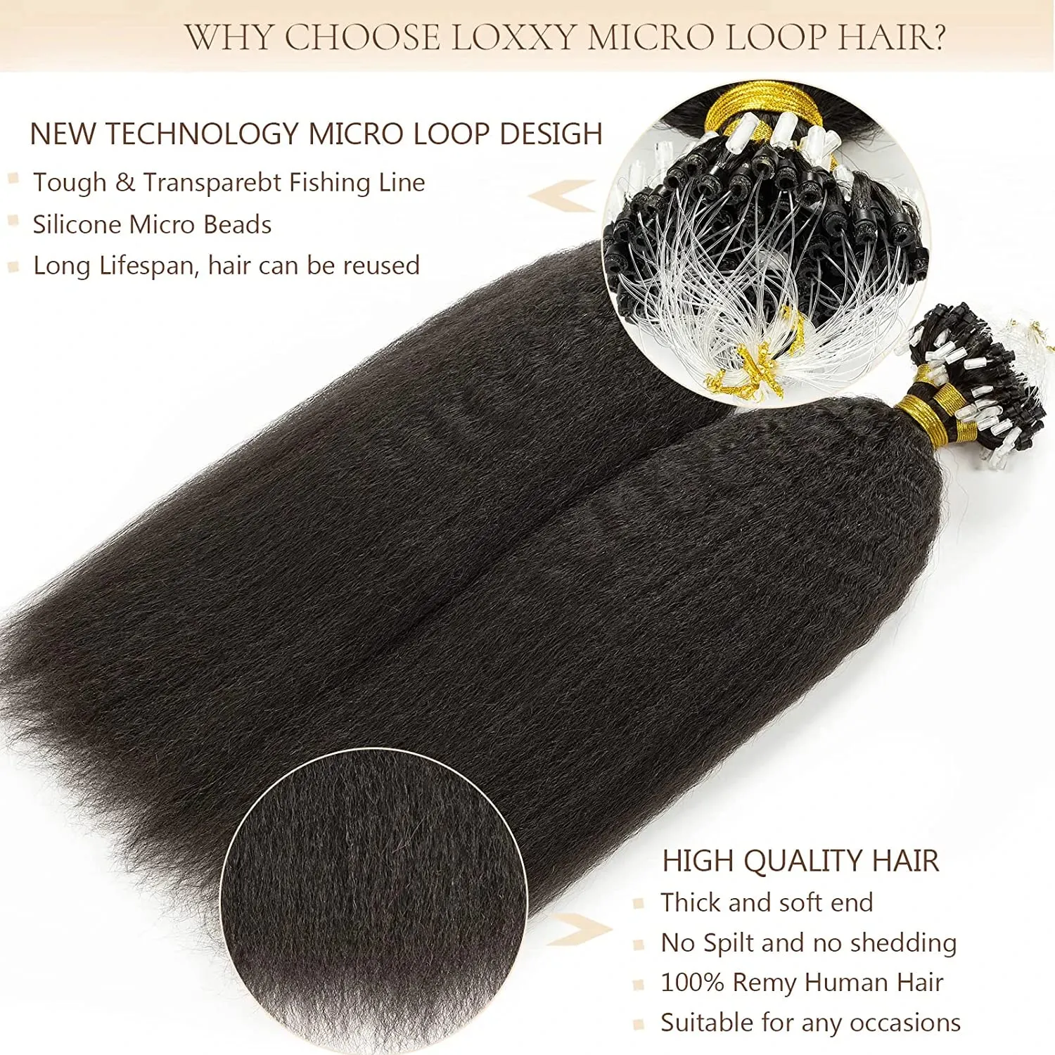 Microlink Hair Extensions Human Hair Kinky Straight 14inch Coarse Straight Natural Color Silky Soft Micro Rings Hair Extensions for Black Women Invisible Thick End 80Grams 100Strands