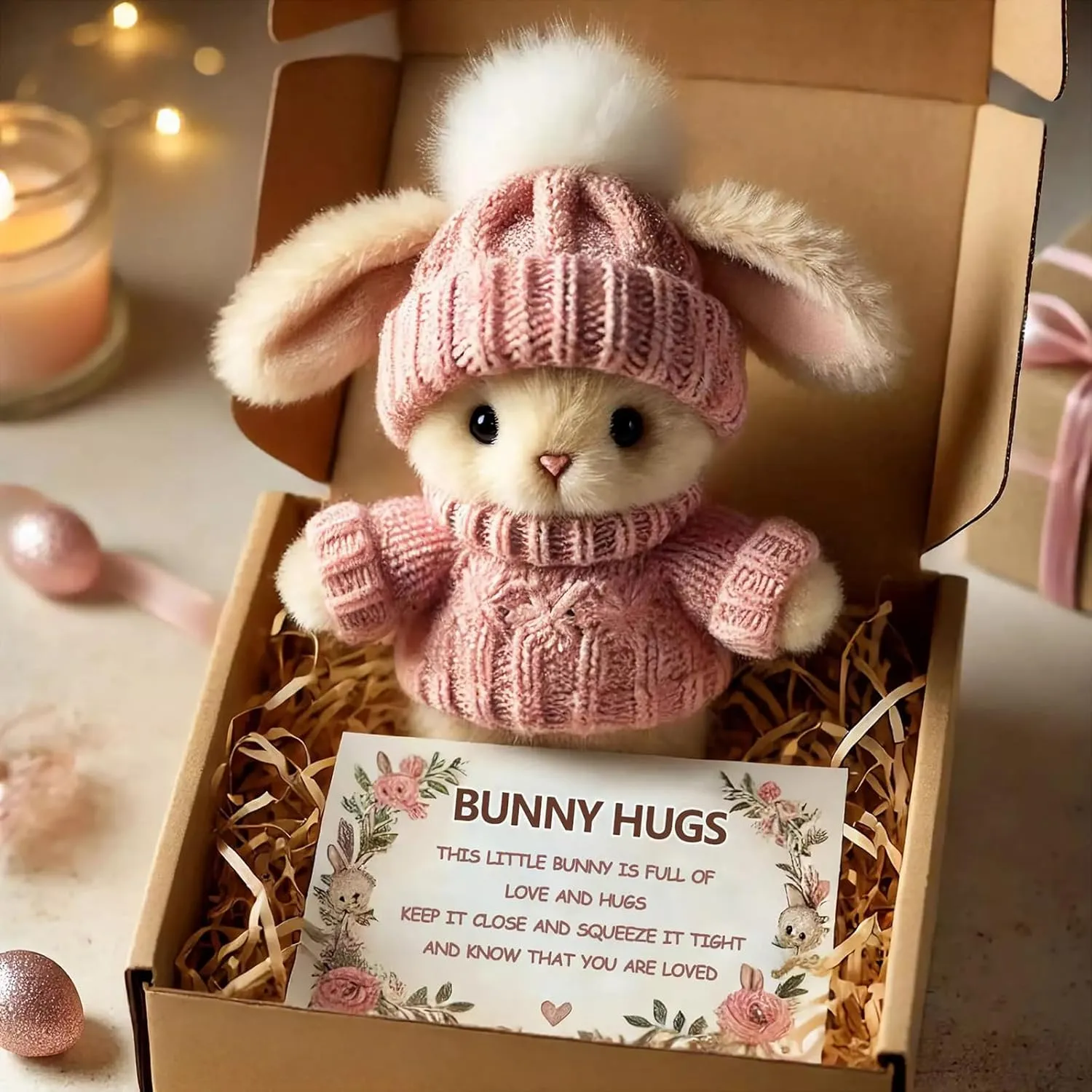 Mini Bunny Hug Cute Easter Gift Easter Bunnies Stuffed Animals Sets Pocket Emotional Support Soft Rabbit with Knitted Hat and Card Handmade Bunny Decorations Boxed for Loved Ones Friends (Style-A)