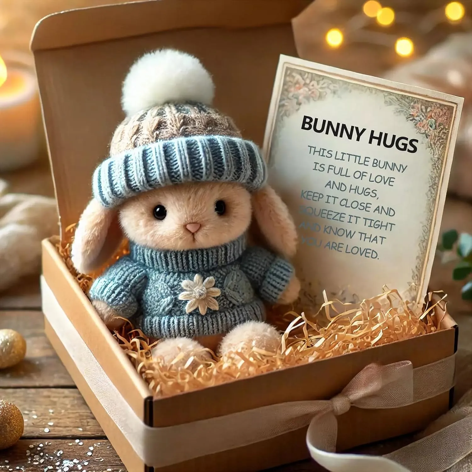 Mini Bunny Hug Cute Easter Gift Easter Bunnies Stuffed Animals Sets Pocket Emotional Support Soft Rabbit with Knitted Hat and Card Handmade Bunny Decorations Boxed for Loved Ones Friends (Style-A)