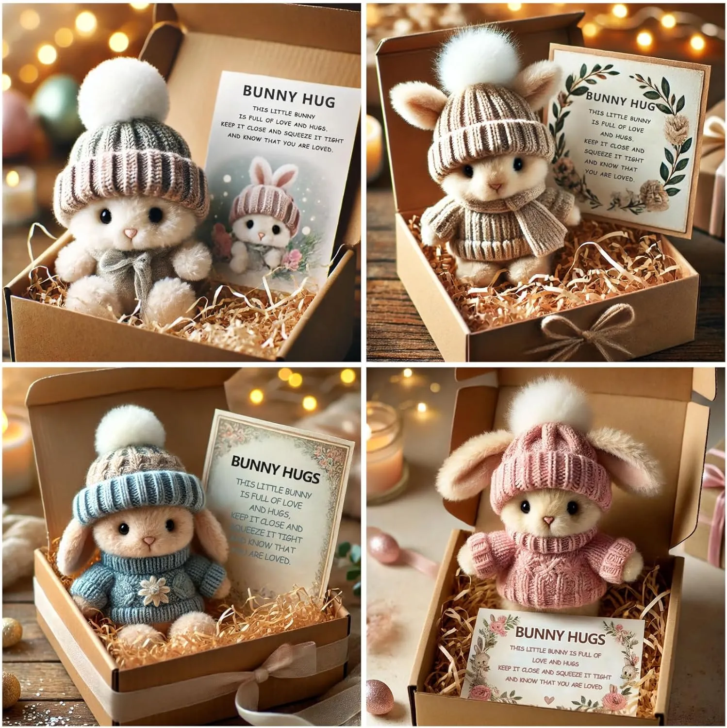 Mini Bunny Hug Cute Easter Gift Easter Bunnies Stuffed Animals Sets Pocket Emotional Support Soft Rabbit with Knitted Hat and Card Handmade Bunny Decorations Boxed for Loved Ones Friends (Style-A)