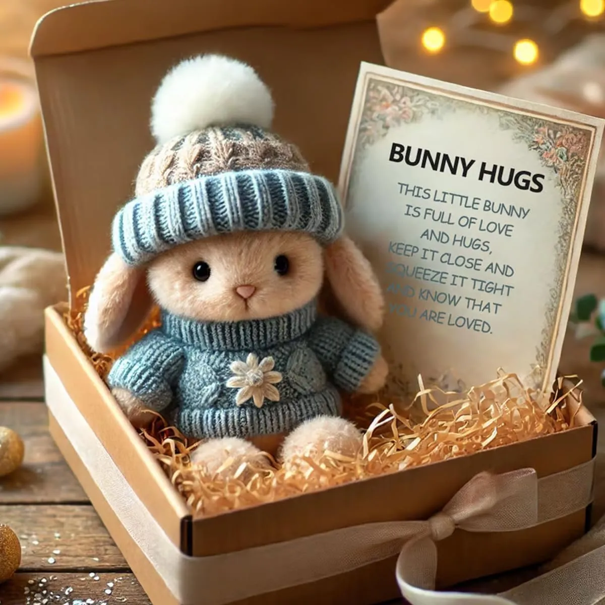 Mini Bunny Hug Cute Easter Gift, Little Bunny Hug Pocket Hug, Cute Handmade Mini Emotional Support Rabbit with Gift Box&Card, Bunny in a Box, Pocket Hug Rabbit with Knitted Hat & Pom Pom (Pink)