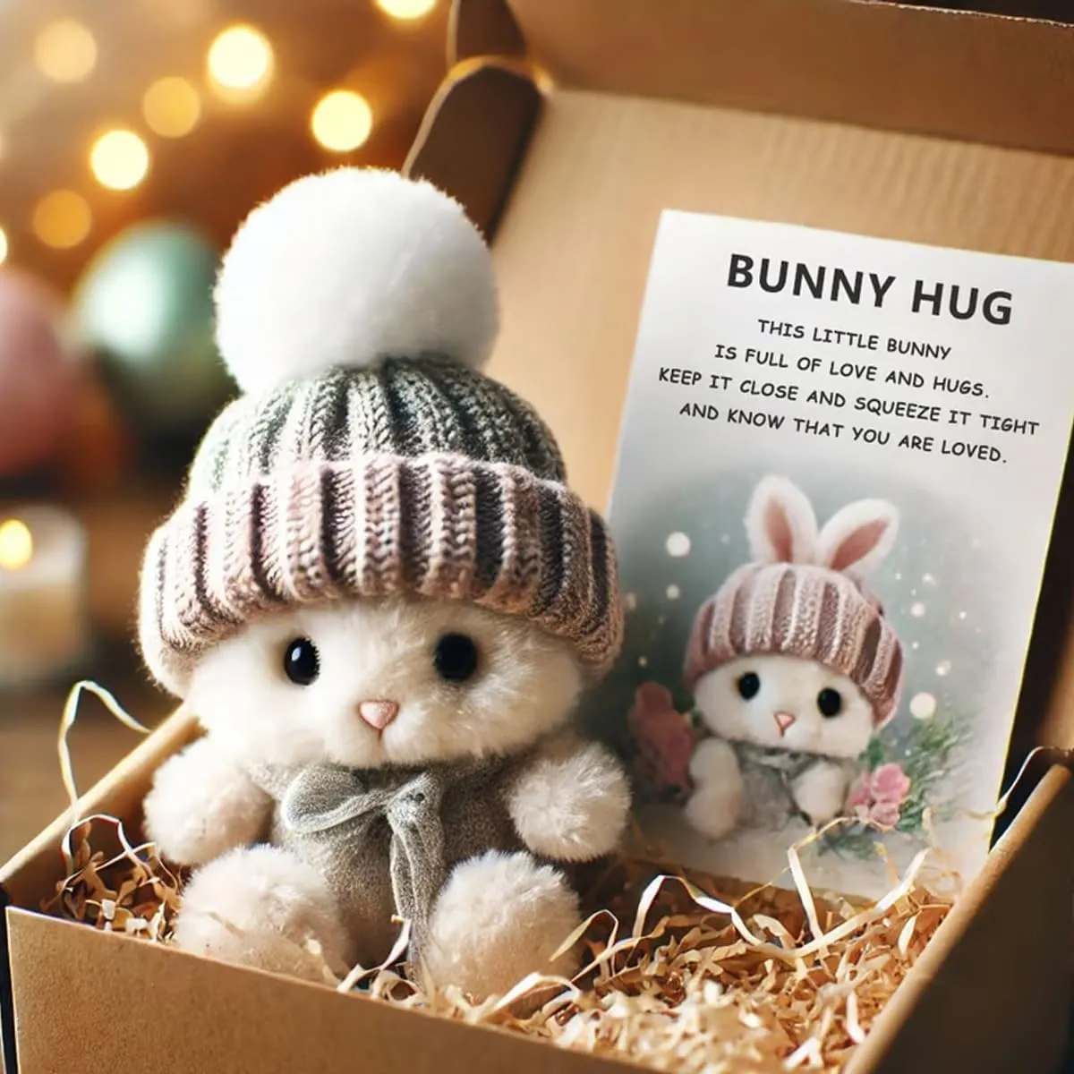 Mini Bunny Hug Cute Easter Gift, Little Bunny Hug Pocket Hug, Cute Handmade Mini Emotional Support Rabbit with Gift Box&Card, Bunny in a Box, Pocket Hug Rabbit with Knitted Hat & Pom Pom (Pink)