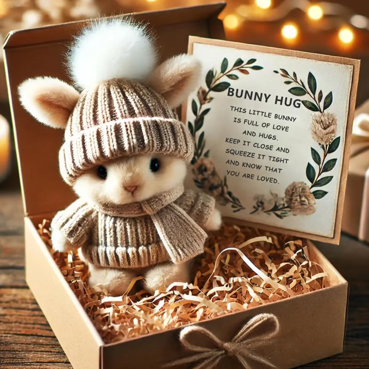 Mini Bunny Hug Cute Easter Gift, Little Bunny Hug Pocket Hug, Cute Handmade Mini Emotional Support Rabbit with Gift Box&Card, Bunny in a Box, Pocket Hug Rabbit with Knitted Hat & Pom Pom (Pink)