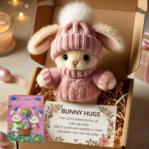 Mini Bunny Hug Cute Easter Gift, Little Bunny Hug Pocket Hug, Cute Handmade Mini Emotional Support Rabbit with Gift Box&Card, Bunny in a Box, Pocket Hug Rabbit with Knitted Hat & Pom Pom (Pink)