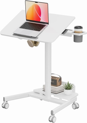 Mobile Standing Desk with Storage Base, 60° Tiltable Rolling Laptop Desk, Height Adjustable Portable Table with 4 Lockable Wheels for Home Office, White