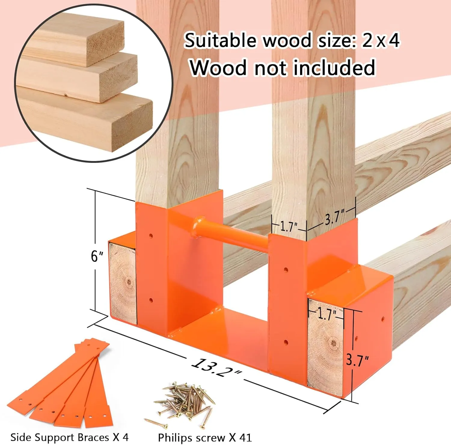 MOFEEZ Outdoor Firewood Log Storage Rack 2x4 Bracket Kit, Fireplace Wood Storage Holder, Adjustable to Any Length - Orange, Two Bases