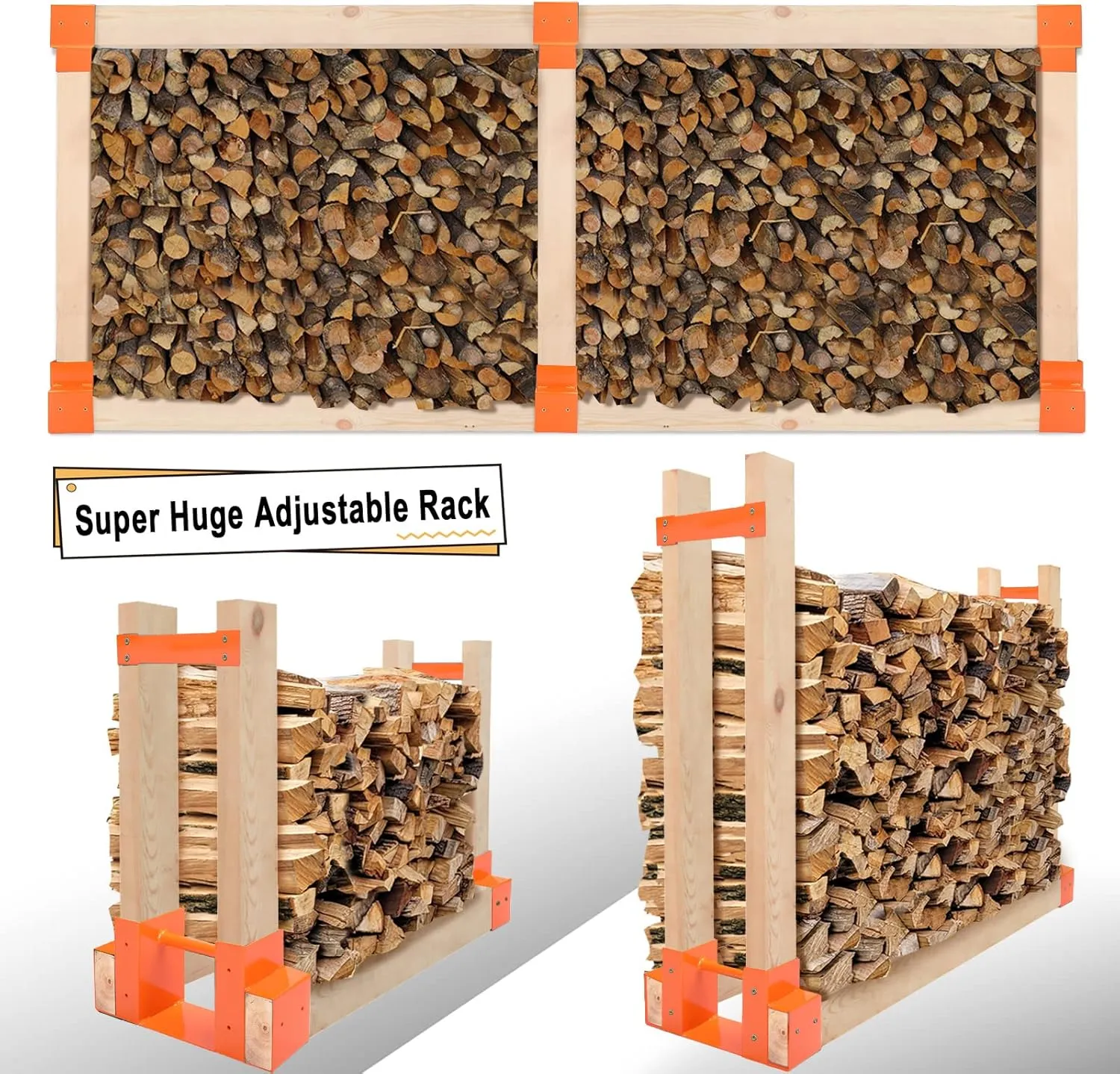MOFEEZ Outdoor Firewood Log Storage Rack 2x4 Bracket Kit, Fireplace Wood Storage Holder, Adjustable to Any Length - Orange, Two Bases