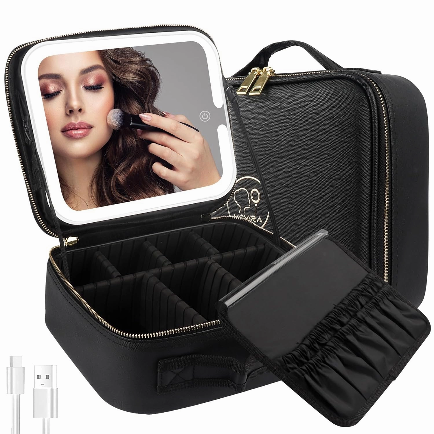 MOMIRA Travel Makeup Bag Cosmetic Bag Makeup Organizer Bag with Large Lighted Mirror 3 Color Scenarios Adjustable Brightness, Waterproof Makeup Travel Case, Large Makeup Train Case Toiletry Gift