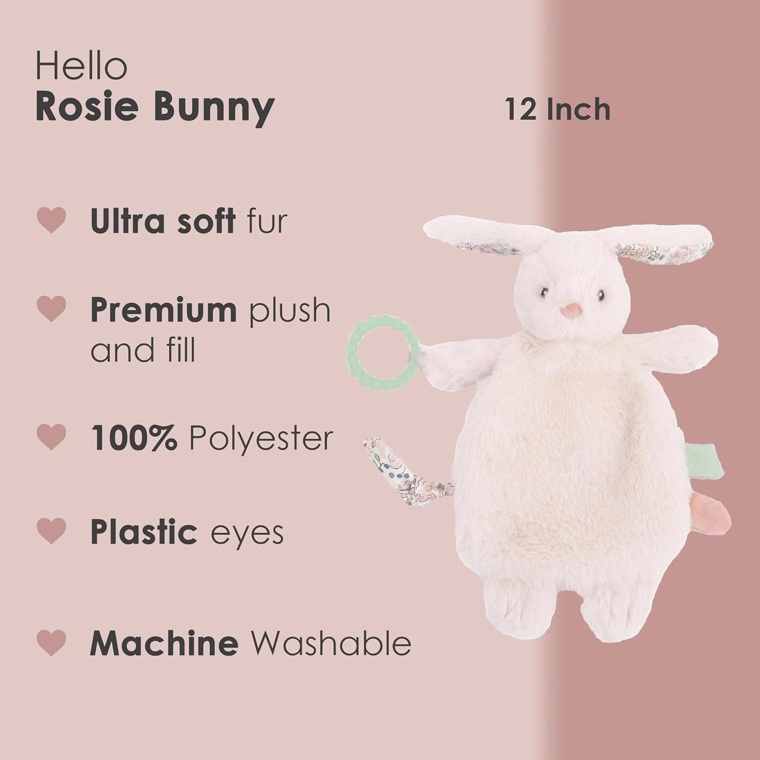 MON AMI Rosie Bunny Security Blanket with Silicone Teether – 12”, Plush Lovey for Babies, Soothing Sensory Snuggle Toy