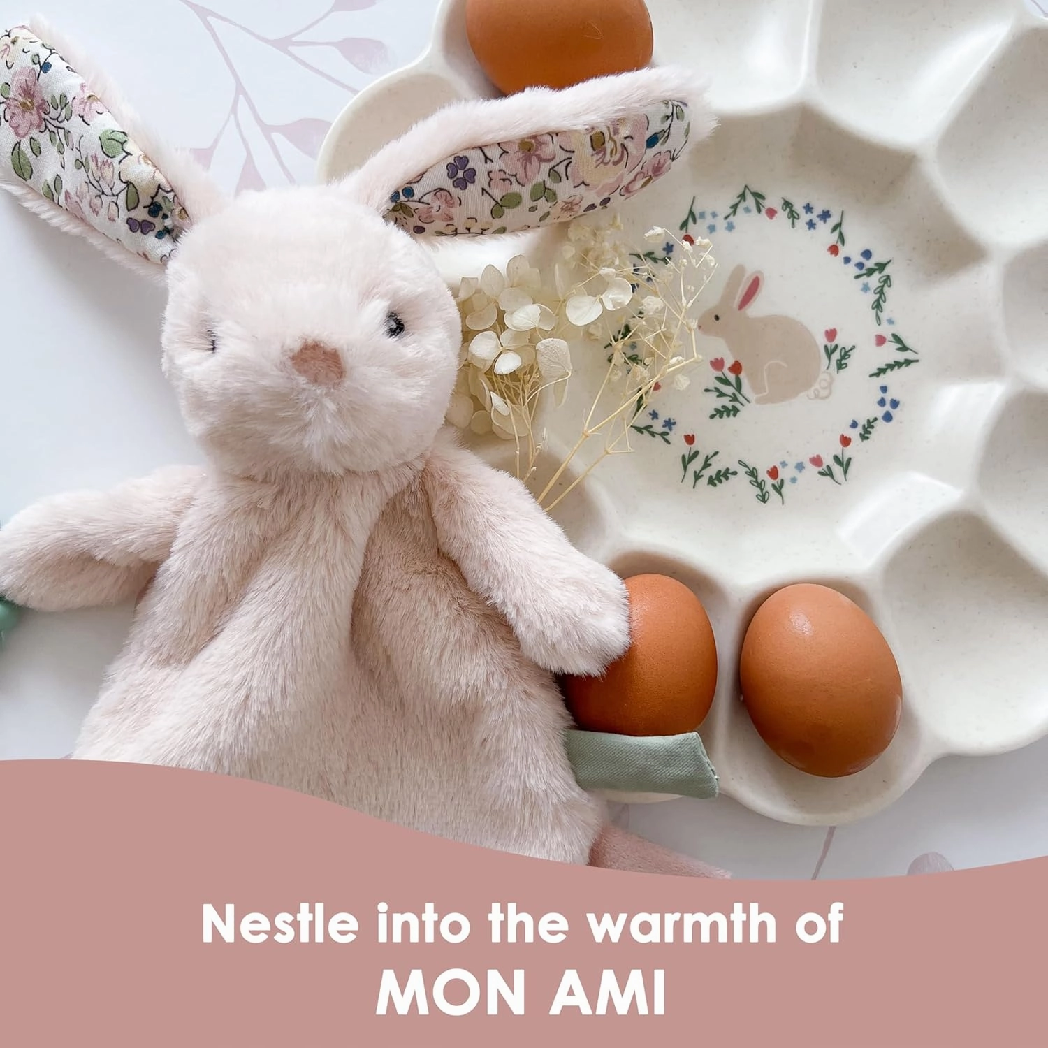 MON AMI Rosie Bunny Security Blanket with Silicone Teether – 12”, Plush Lovey for Babies, Soothing Sensory Snuggle Toy