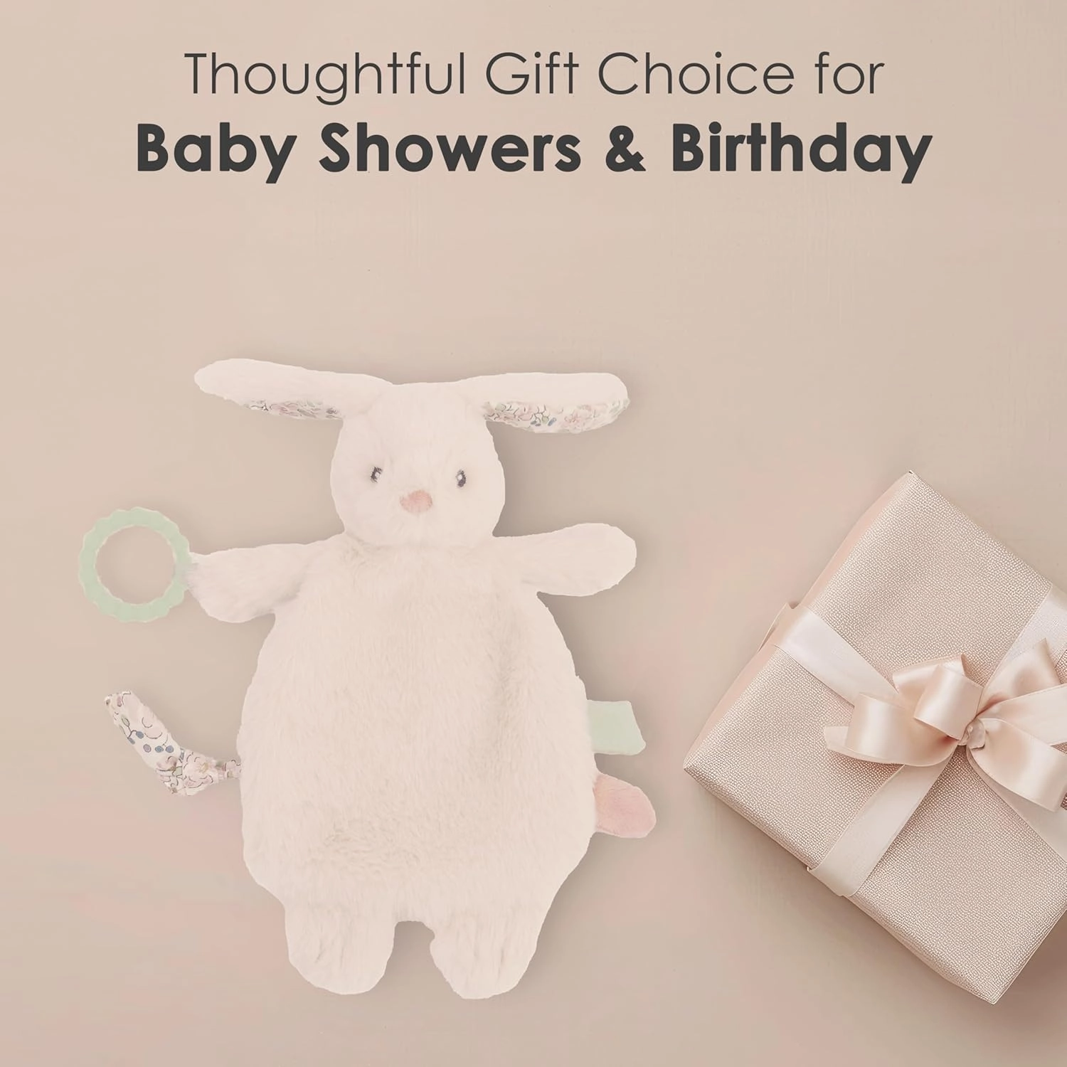 MON AMI Rosie Bunny Security Blanket with Silicone Teether – 12”, Plush Lovey for Babies, Soothing Sensory Snuggle Toy