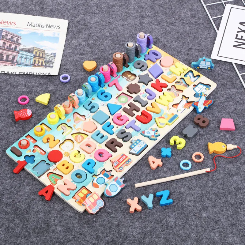 Montessori Educational Wooden board game, alphabets math activities and fishing game for Kids