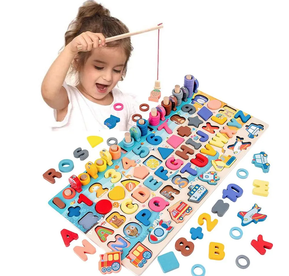 Montessori Educational Wooden board game, alphabets math activities and fishing game for Kids