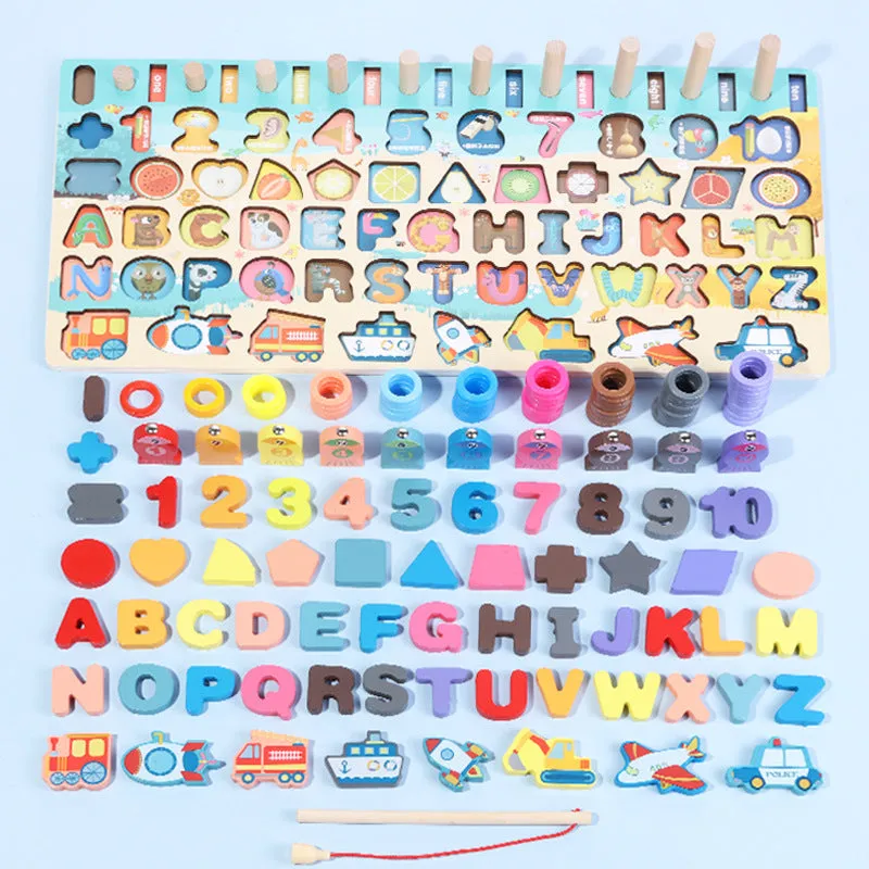 Montessori Educational Wooden board game, alphabets math activities and fishing game for Kids