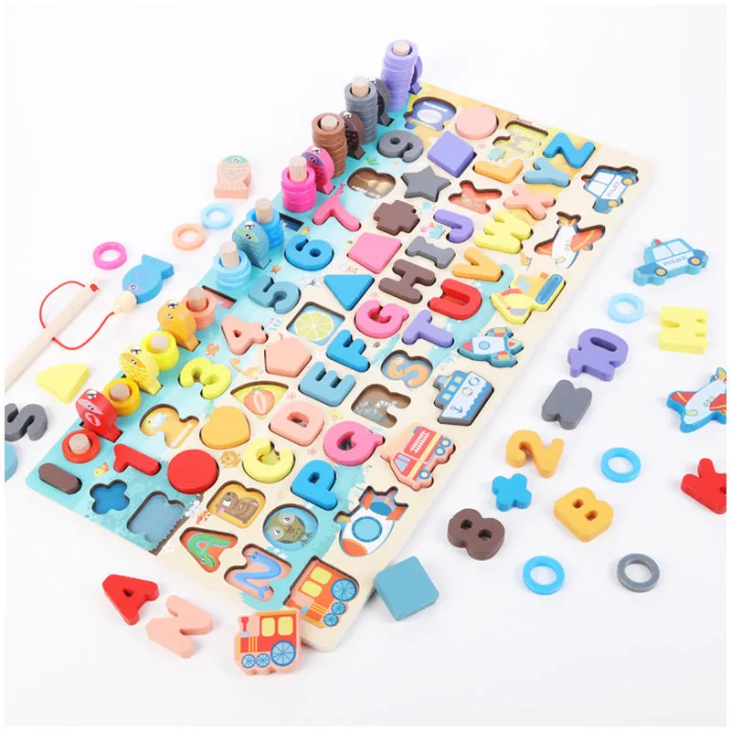 Montessori Educational Wooden board game, alphabets math activities and fishing game for Kids