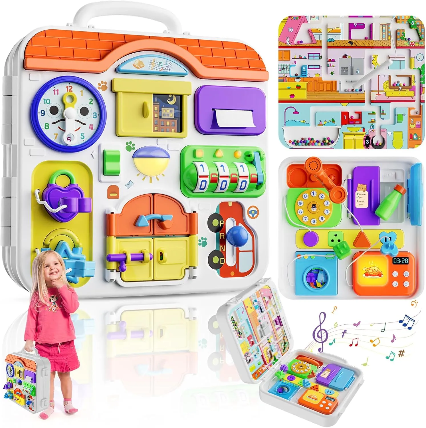 Montessori Toys for 1-2 Year Old Girl Boy Gifts, 15-in-1 Musical Busy Board, Birthday Gift for 1 Year Old Boy Girl, Educational Toddler Toy Age 1-2