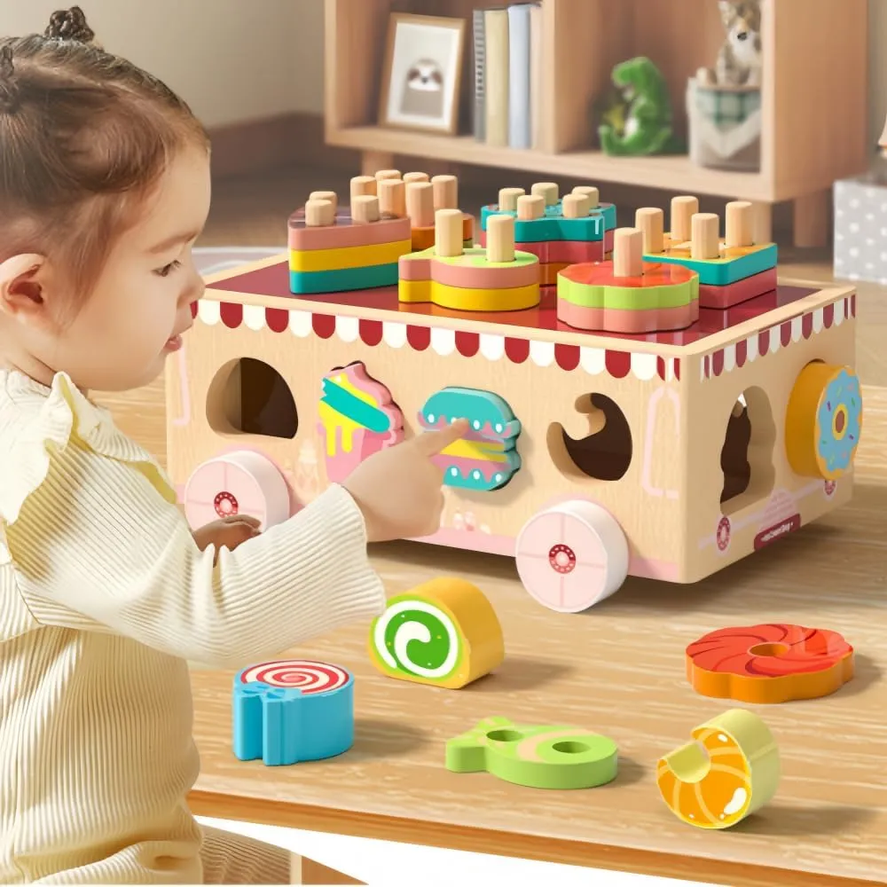 Montessori Wooden Ice Cream Dessert Cart, Shape Sorting Toys for Boys and Girls 3-6 Years Old,Early Childhood Education Fine Motor Skills Development,Children's Day Gift