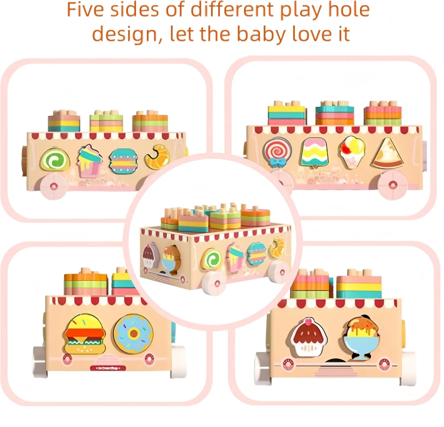 Montessori Wooden Ice Cream Dessert Cart, Shape Sorting Toys for Boys and Girls 3-6 Years Old,Early Childhood Education Fine Motor Skills Development,Children's Day Gift