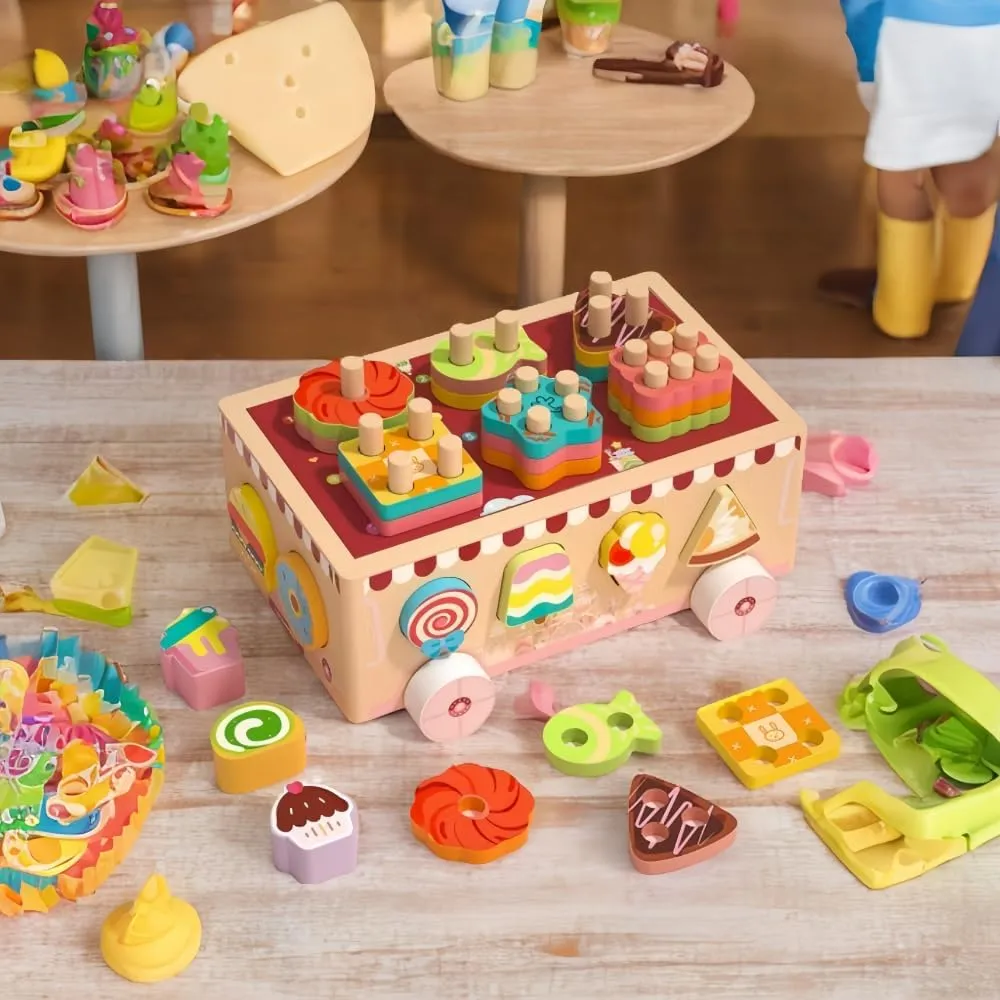Montessori Wooden Ice Cream Dessert Cart, Shape Sorting Toys for Boys and Girls 3-6 Years Old,Early Childhood Education Fine Motor Skills Development,Children's Day Gift