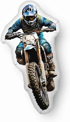 Motocross Rider Pillow, Custom Shaped, Dirt Bike Racing, Off-Road, Extreme Sports, Soft Plush, Home Décor