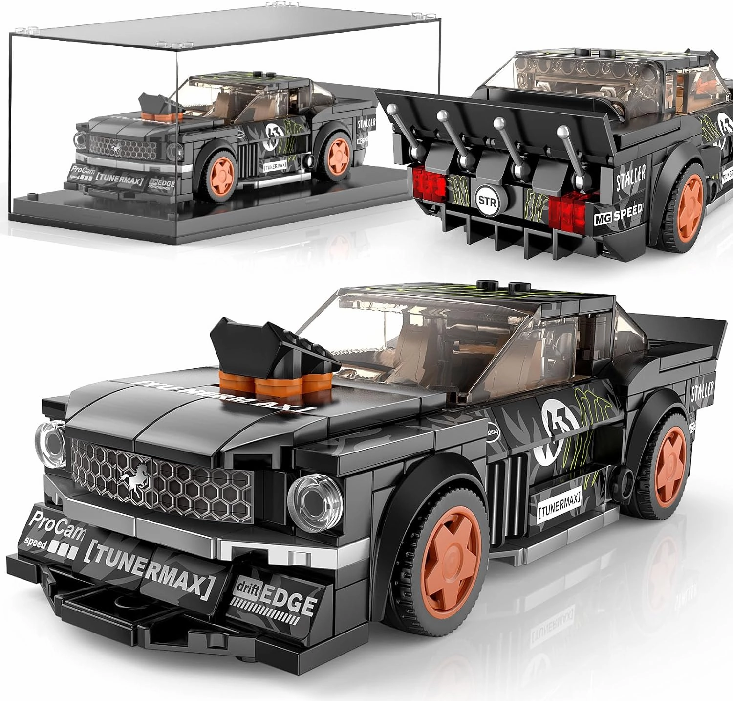 Mould King 27024 Mustang Speed Champion Car Building Blocks Set & Display Case，DIY Cool Vehicles Model Toys Birthday Gifts for Adults/Teens/Kids, Creative Classic Race Cars for Boys Age 8-12 (408Pcs)