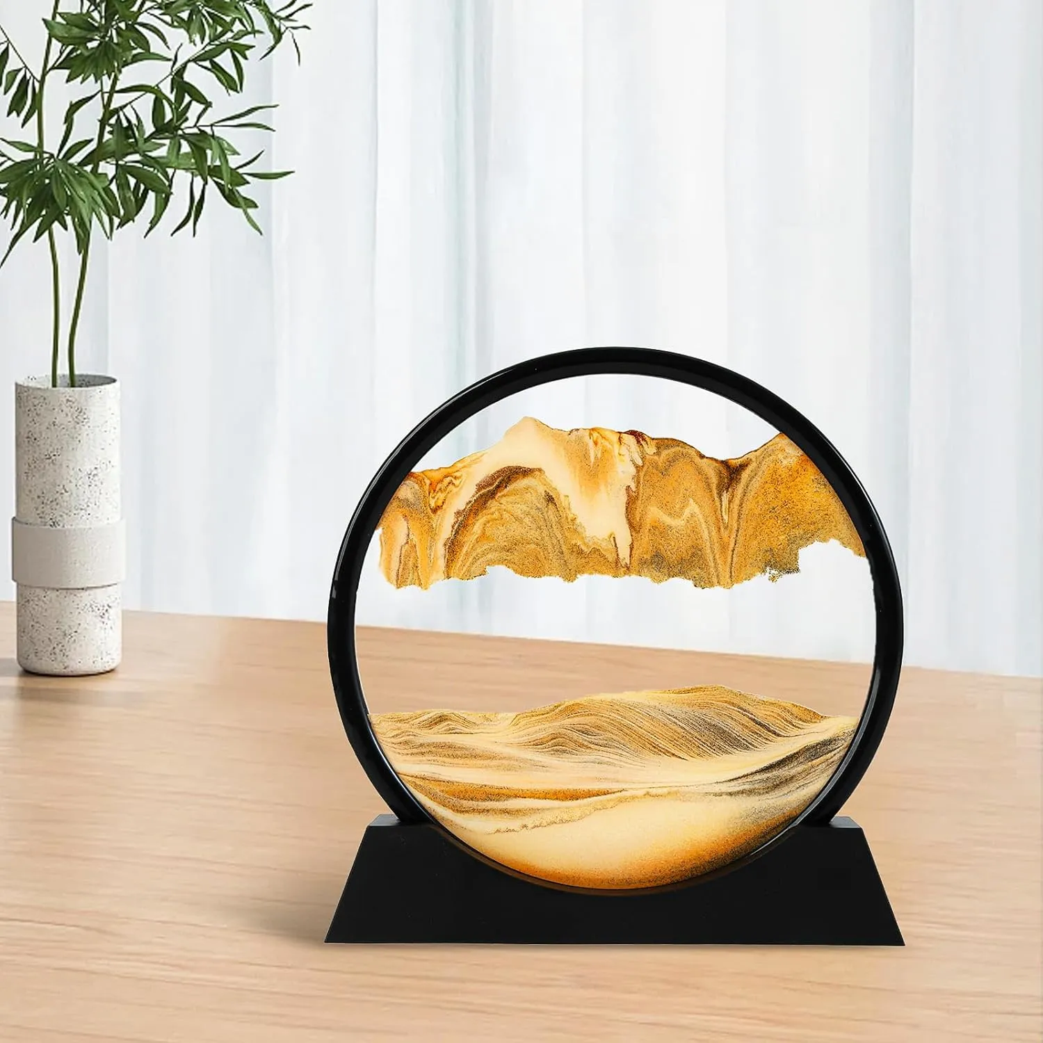 Moving Sand Art Picture, Liquid Motion 3D Deep Sea Sandscape in Motion, Dynamic Round Glass Sand Picture Relaxing Desktop Home Office Work Decor (Yellow, 12inch)