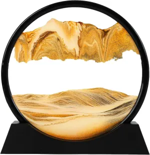 Moving Sand Art Picture, Liquid Motion 3D Deep Sea Sandscape in Motion, Dynamic Round Glass Sand Picture Relaxing Desktop Home Office Work Decor (Yellow, 12inch)