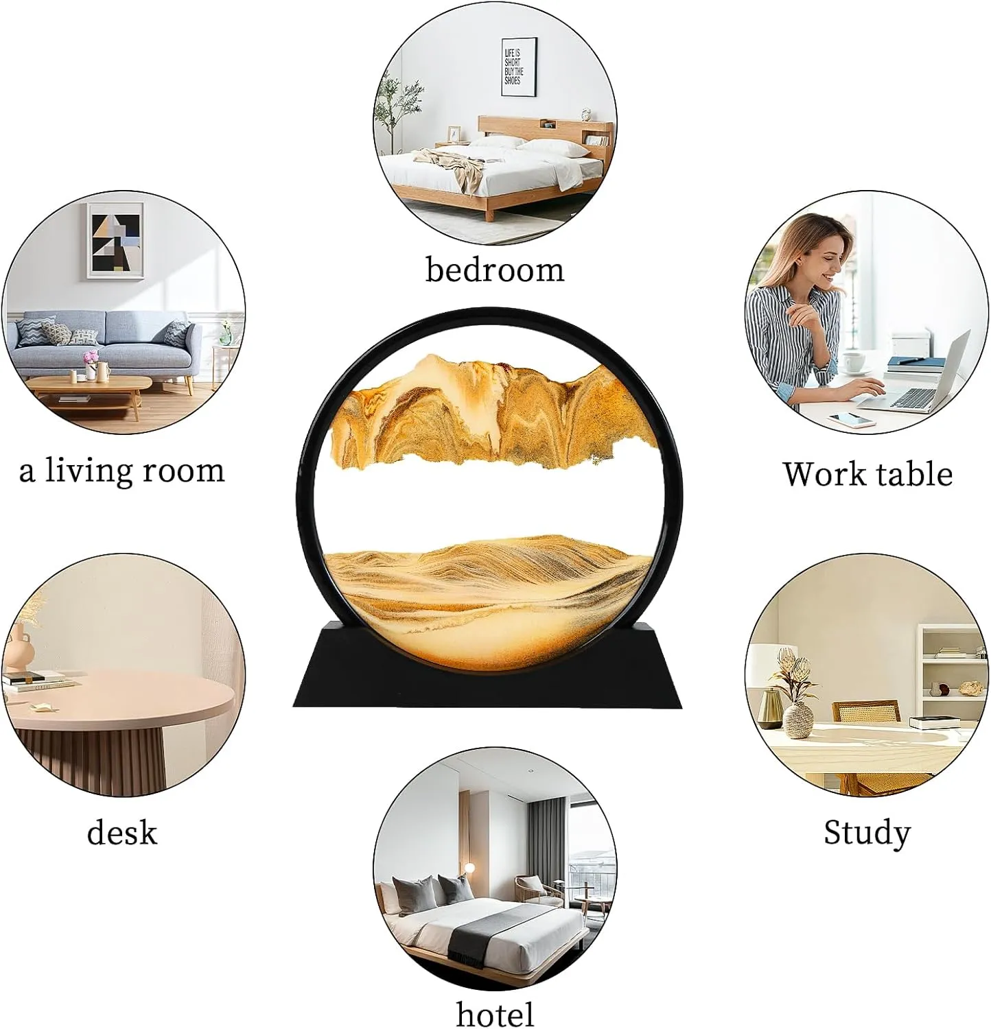 Moving Sand Art Picture, Liquid Motion 3D Deep Sea Sandscape in Motion, Dynamic Round Glass Sand Picture Relaxing Desktop Home Office Work Decor (Yellow, 12inch)