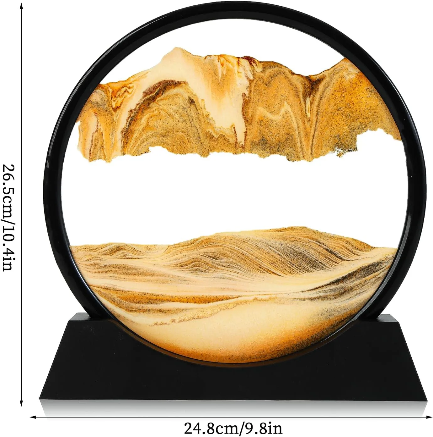 Moving Sand Art Picture, Liquid Motion 3D Deep Sea Sandscape in Motion, Dynamic Round Glass Sand Picture Relaxing Desktop Home Office Work Decor (Yellow, 12inch)