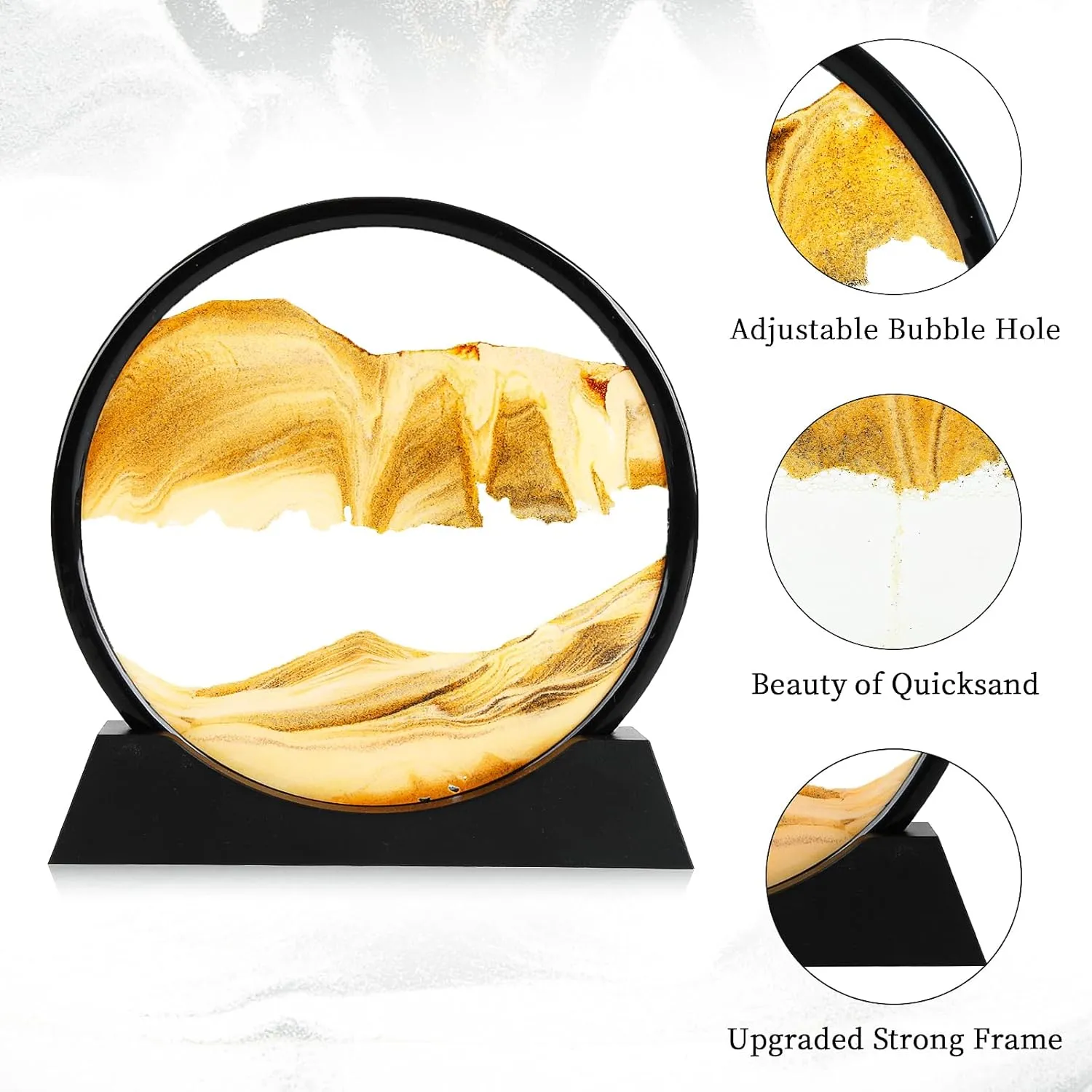 Moving Sand Art Picture, Liquid Motion 3D Deep Sea Sandscape in Motion, Dynamic Round Glass Sand Picture Relaxing Desktop Home Office Work Decor (Yellow, 12inch)
